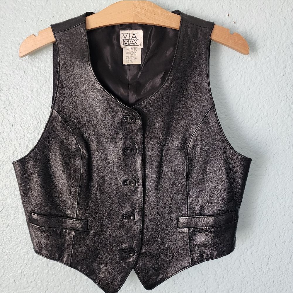 VIA MAX Women's Sleek Black Leather Vest More Like Small Size Not Medium - Picture 5 of 12